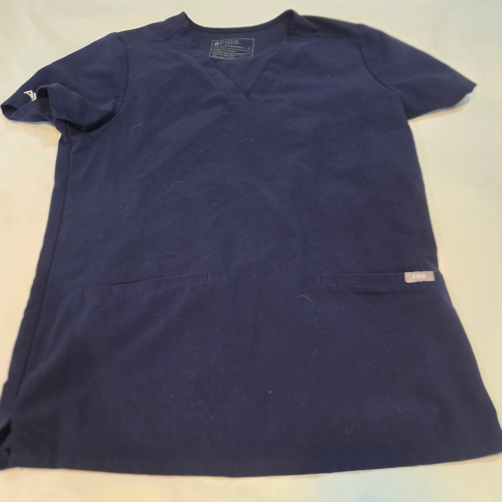 FIGS Scrub Top Women Small Navy Blue Excellent Aya Healthcare Technical V-Neck
